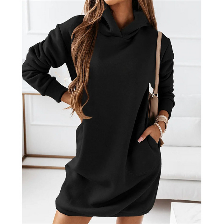 Women's comfortable black hoodie dress for casual wear & loungewear. Long sleeve, knee-length, perfect for street style.