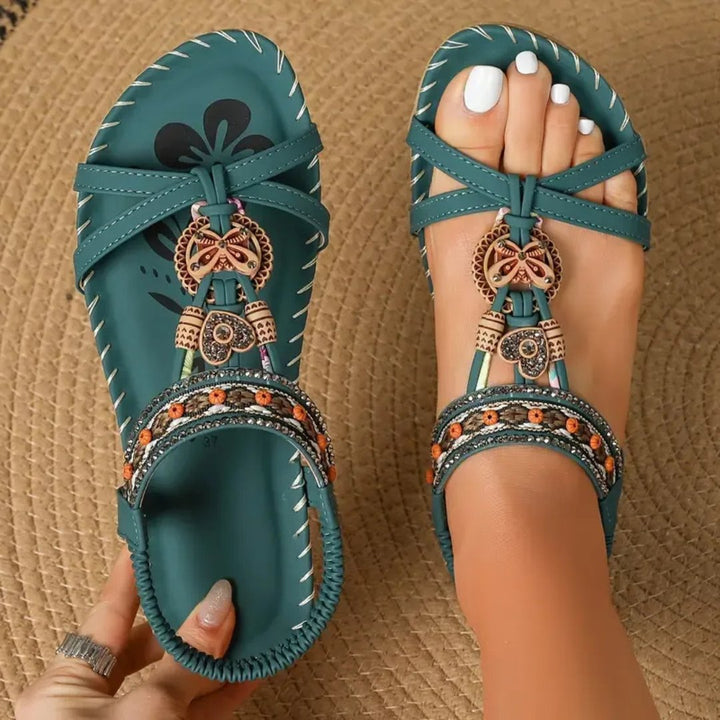 Comfortable Women's Boho Flat T-Strap Orthopedic Sandals, perfect for summer casual wear.