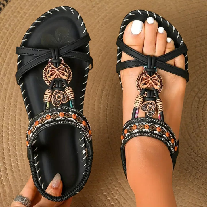 Orthopedic flat t-strap sandals for women, offering ultimate comfort in a chic boho design.