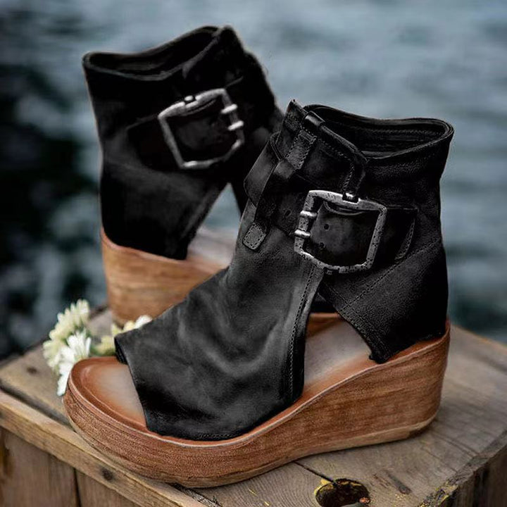 Adjustable buckle detail on comfortable women's boho wedge sandals, ensuring secure foot support.