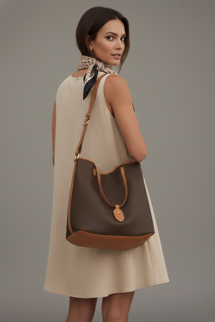 Comfortable women's knee-length dress, flattering fit, round neck, short sleeves, and essential pockets.