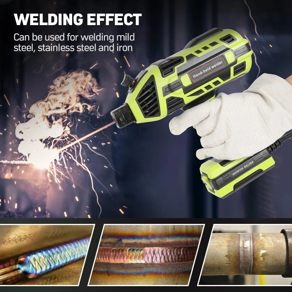 Portable 110V arc welder in action, demonstrating adjustable current control for home workshop metal fabrication.