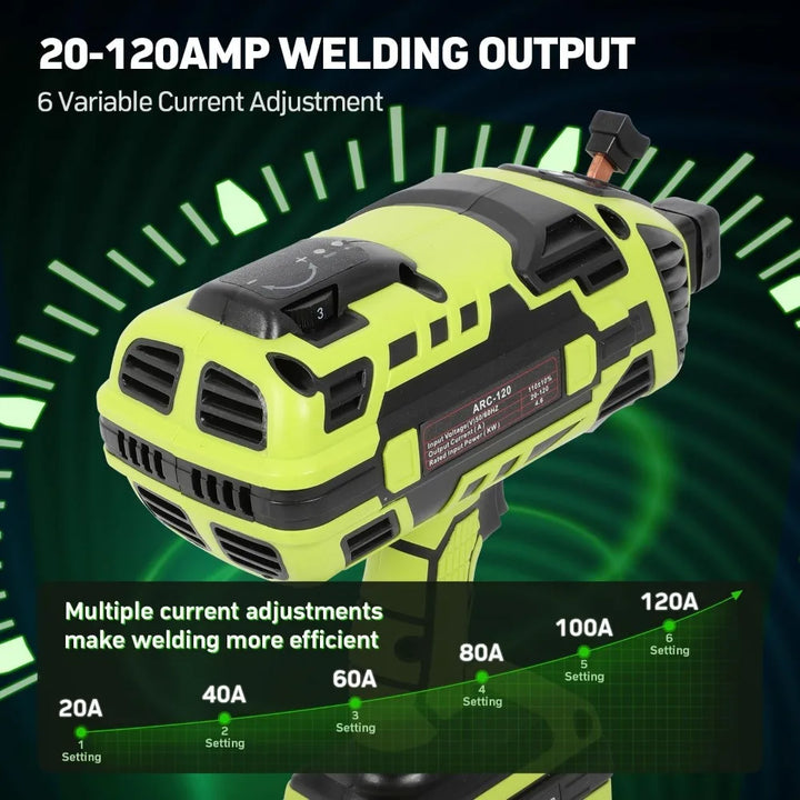 Side view of the 110V portable arc welder, emphasizing its compact size for easy transport & home workshop use.