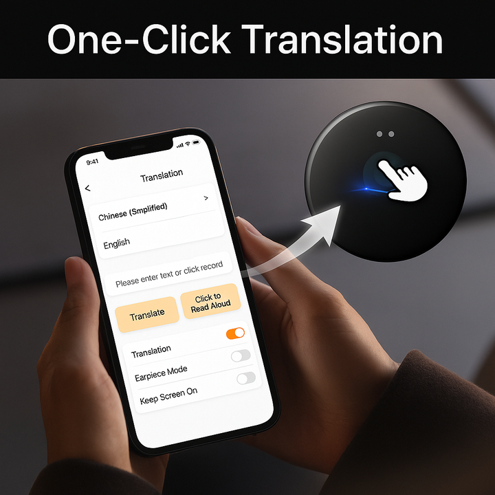 Unisex real-time AI language translator for instant voice and text communication across multiple languages.