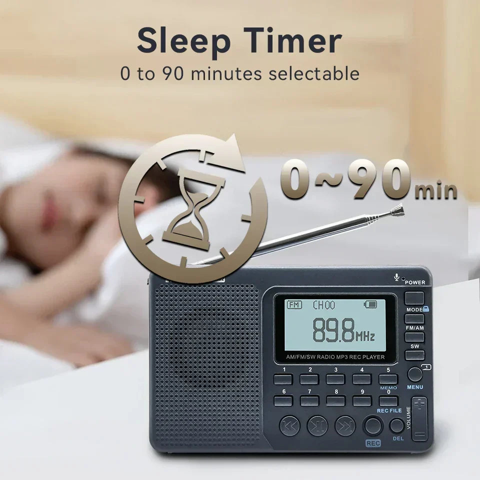 Digital EchoWave portable radio, AM/FM/SW tuner, clear display for easy navigation.