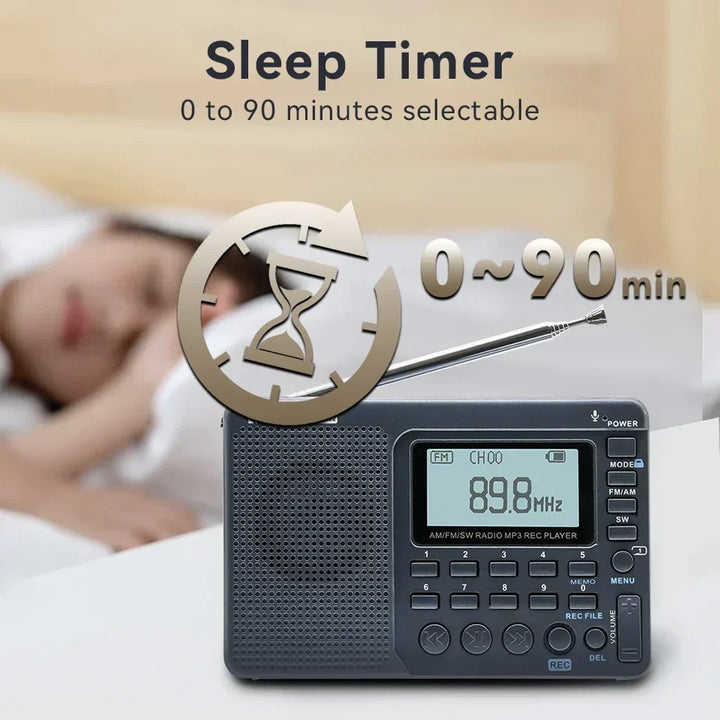 Digital EchoWave portable radio, AM/FM/SW tuner, clear display for easy navigation.