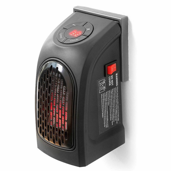 Small wall-mounted electric fan heater with thermostat for energy-efficient heating in home or workspace.