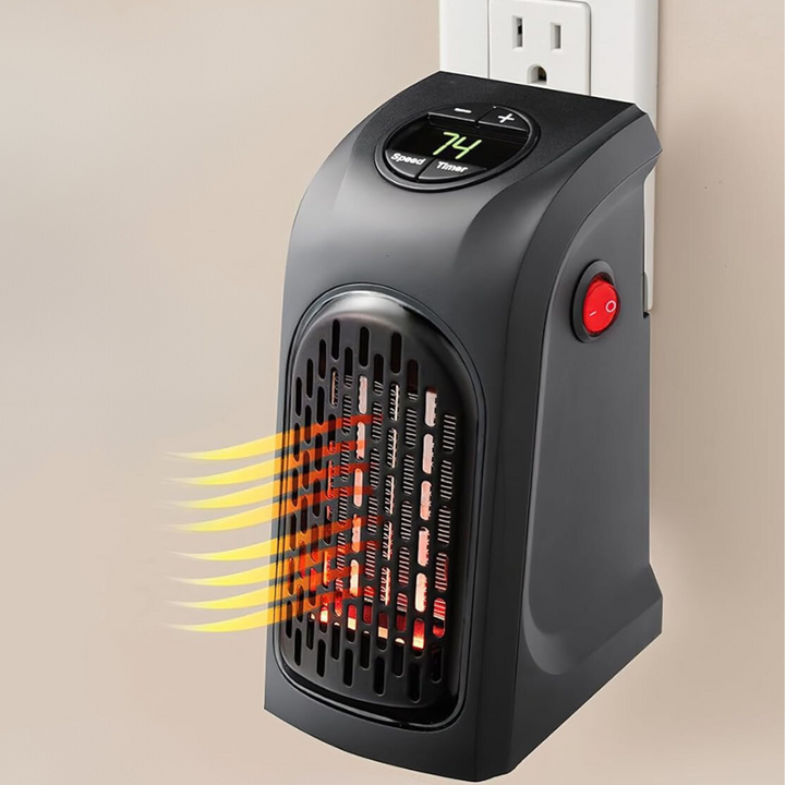 Energy-saving ceramic space heater, compact design, with integrated thermostat for precise temperature control.