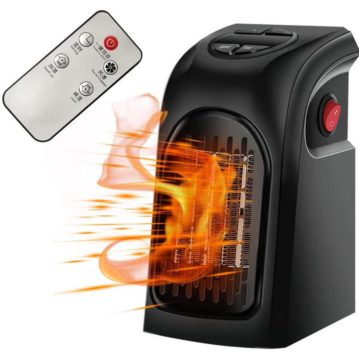 Compact electric fan heater, wall outlet plug-in, features adjustable thermostat for optimal room heating.