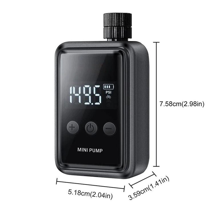 Compact electric mini bike pump with digital display, shown compact and lightweight, ideal for road and mountain biking.