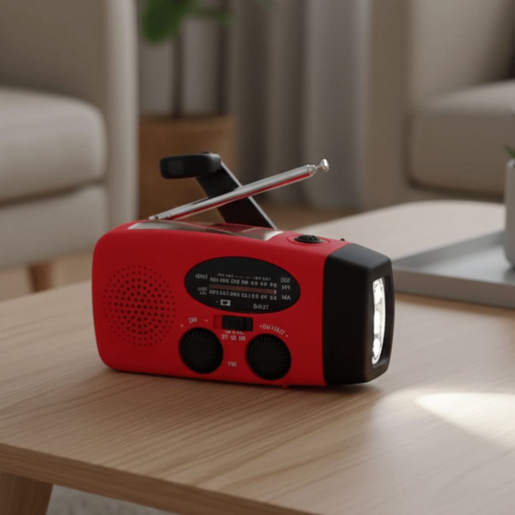 Compact emergency weather radio with hand crank, flashlight, and power bank for outdoor survival gear and preparedness.