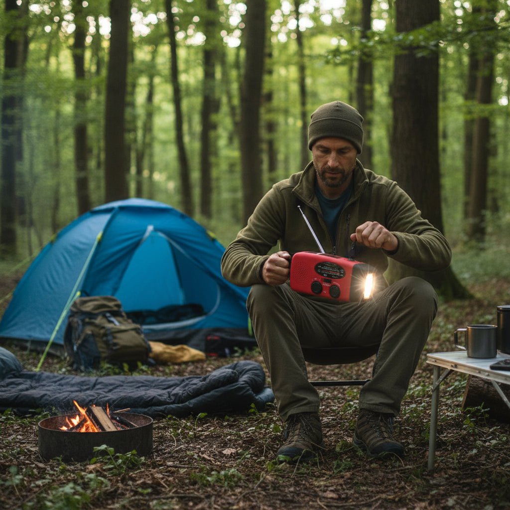 Portable hand crank emergency radio & flashlight. Ideal for camping, hiking, and outdoor survival, with weather alerts.