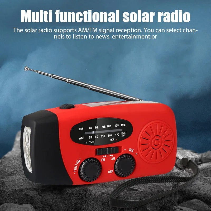 NOAA weather alert radio with hand crank, bright flashlight, and portable power bank for camping & emergencies.