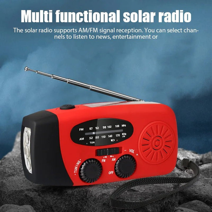 NOAA weather alert radio with hand crank, bright flashlight, and portable power bank for camping & emergencies.