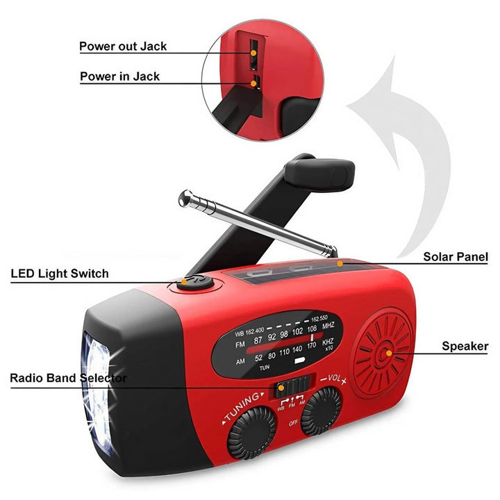 Durable emergency radio, flashlight, & power bank for outdoor lighting. Perfect portable survival gear for camping.