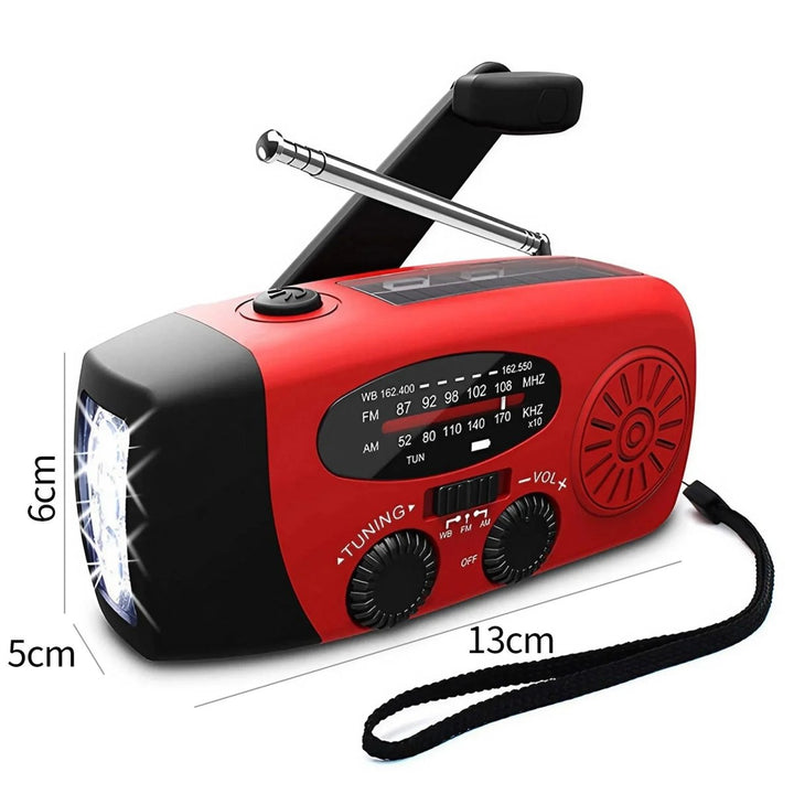 Essential emergency preparedness: Hand crank weather radio, LED flashlight, & mobile power bank for any situation.