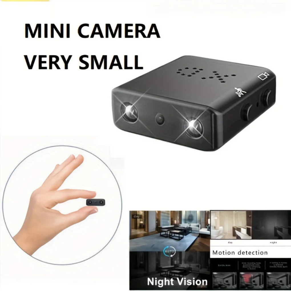 Home security mini camera, compact with motion detection & night vision for discreet monitoring.
