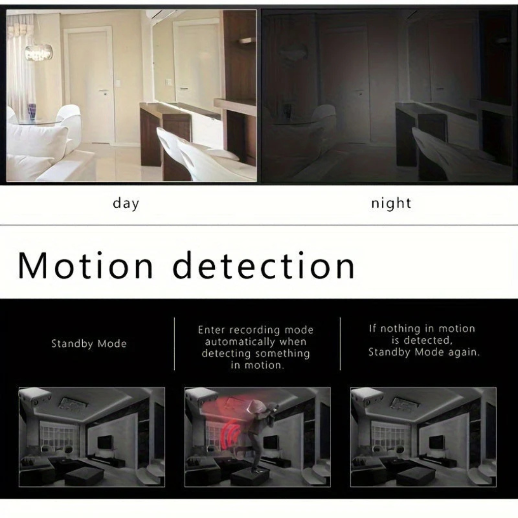 Full HD mini security camera featuring motion detection & night vision, ideal for discreet surveillance.