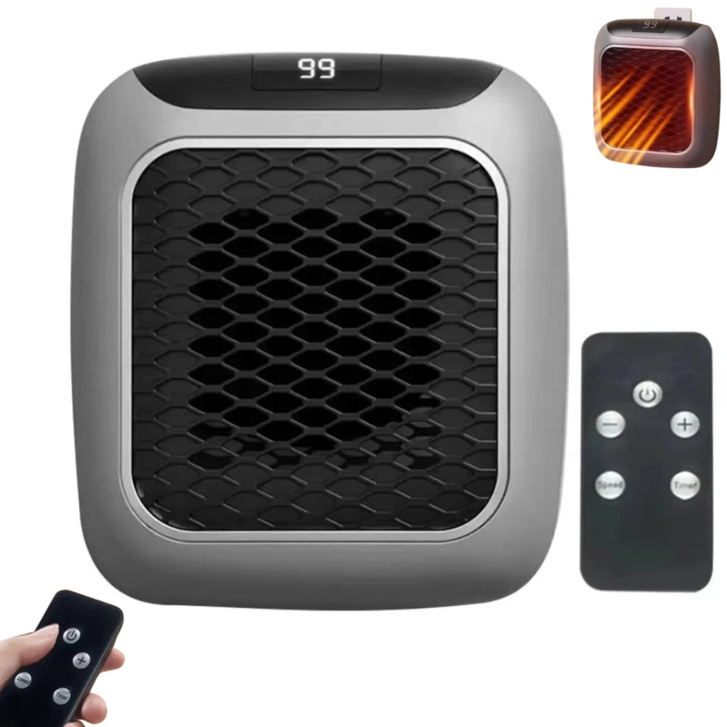 Compact mini wall plug heater with a black finish, ready for efficient personal warmth in a home office or bedroom.