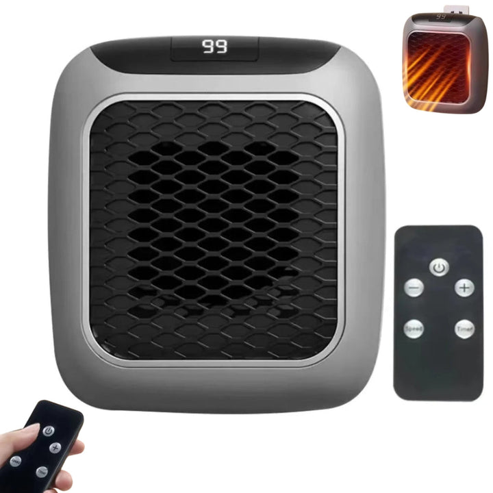Compact mini wall plug heater with a black finish, ready for efficient personal warmth in a home office or bedroom.