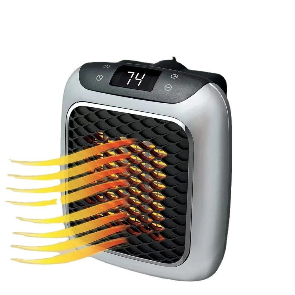 Hand holding a remote control pointing at a mini wall plug heater, highlighting convenient operation for personal warmth.
