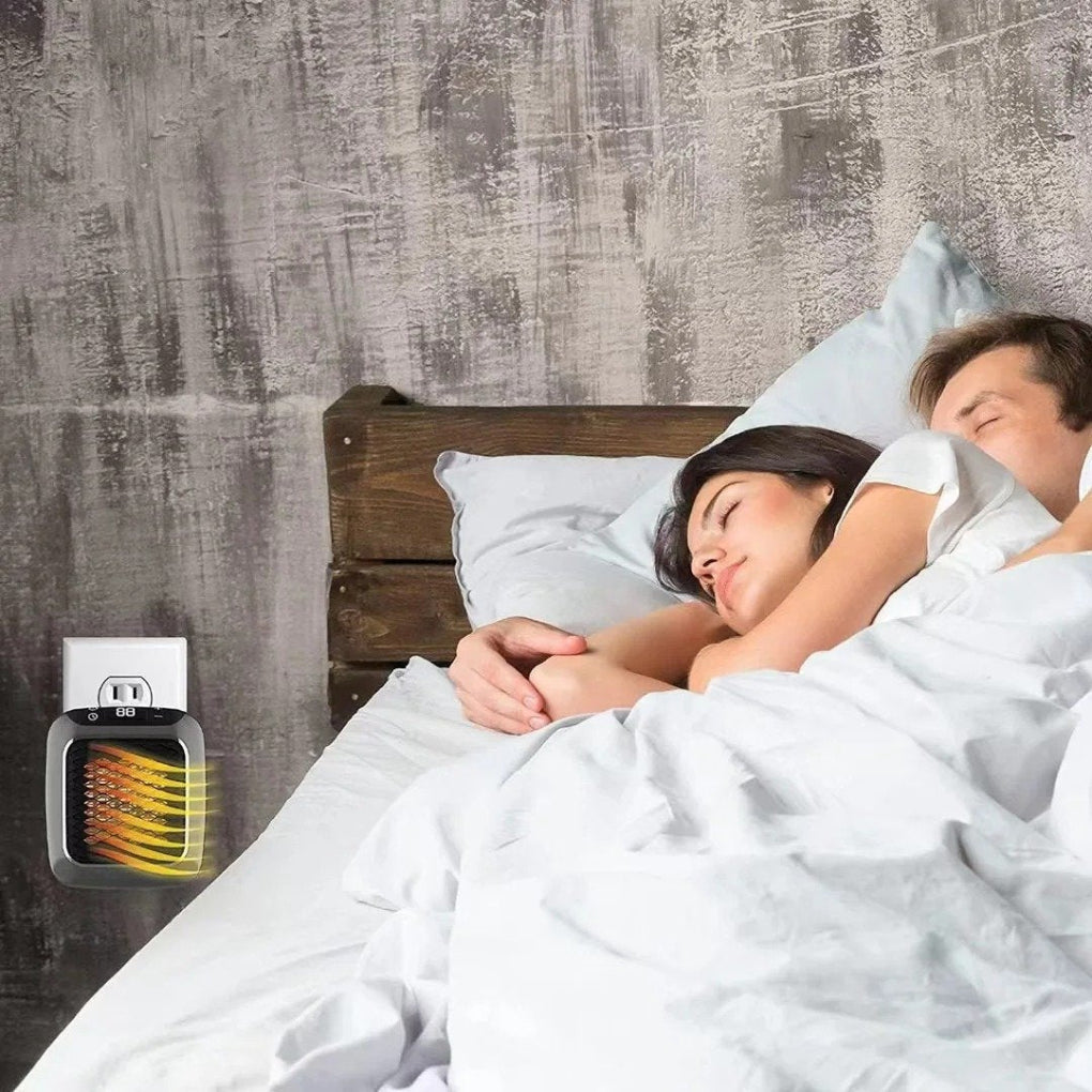 Close-up of a ceramic mini wall heater's digital controls and sleek design, perfect for personal, compact heating.
