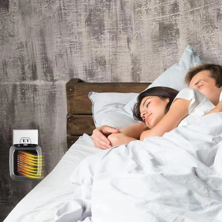 Close-up of a ceramic mini wall heater's digital controls and sleek design, perfect for personal, compact heating.
