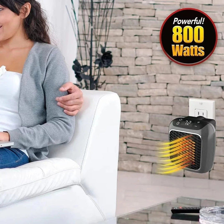 Sleek, compact electric mini wall heater in a minimalist design, providing instant personal warmth with remote control.