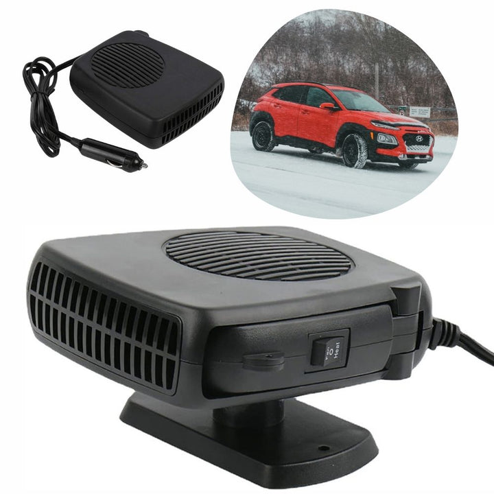 "Compact portable 150W 300W ceramic car heater fan, black, plugs into 12V socket, for fast heating and air purification."