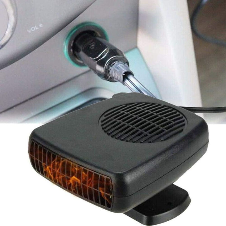 "Compact portable 150W 300W ceramic car heater fan, black, plugs into 12V socket, for fast heating and air purification."