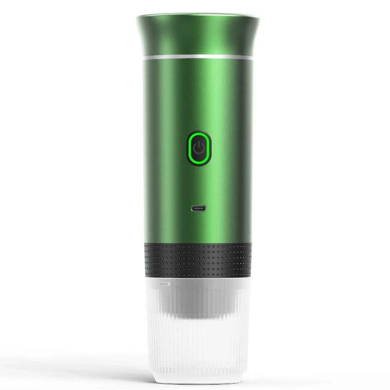 "Compact portable 3-in-1 espresso coffee maker, wireless, sleek design, for ground coffee and capsules, ideal for travel."