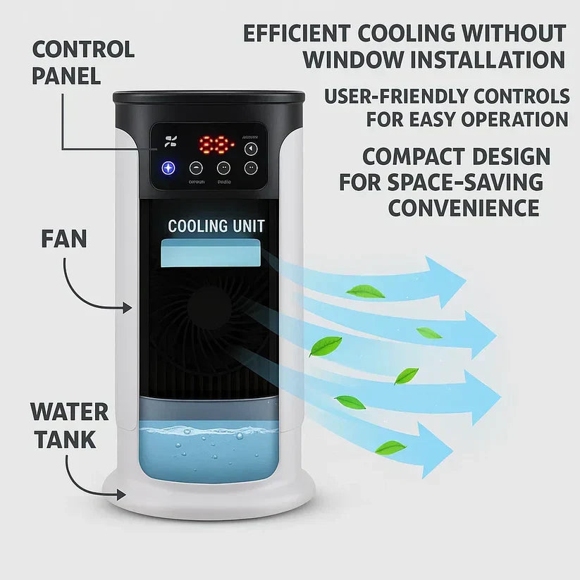 Windowless portable AC unit, perfect for efficient cooling in dorm rooms, bedrooms, or small apartments.