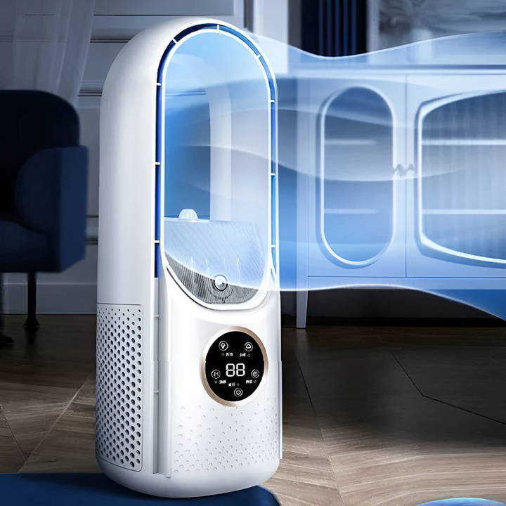 Compact portable bladeless air cooler fan for personal comfort. Ideal for desk, office, and home cooling.
