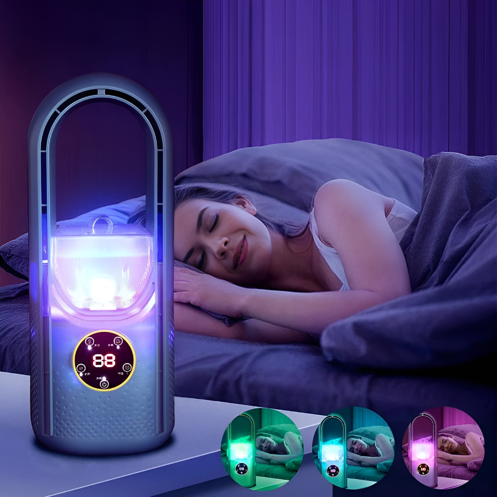 Personal quiet bladeless fan, a portable air cooler for your desk, office, or bedroom summer comfort.