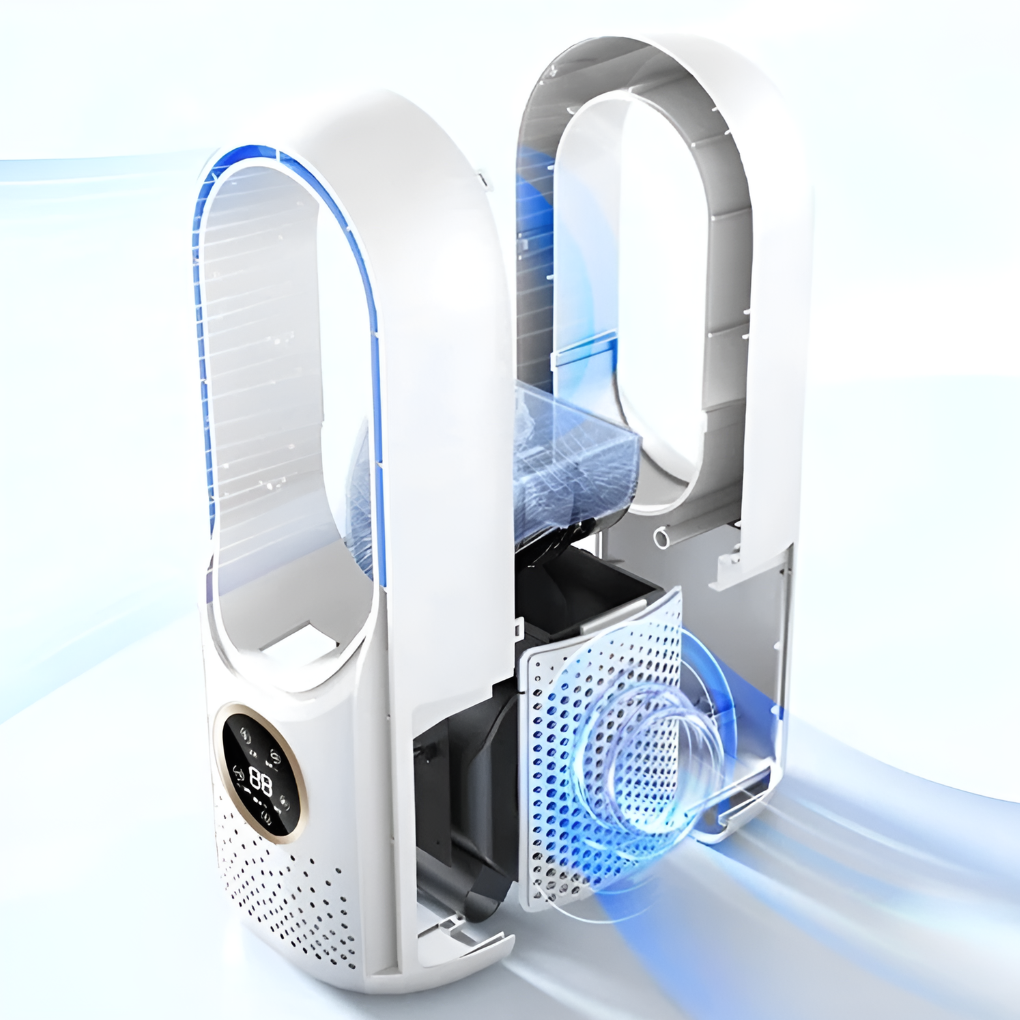 Portable bladeless air cooler providing quiet personal comfort. Ideal compact fan for home and office cooling.