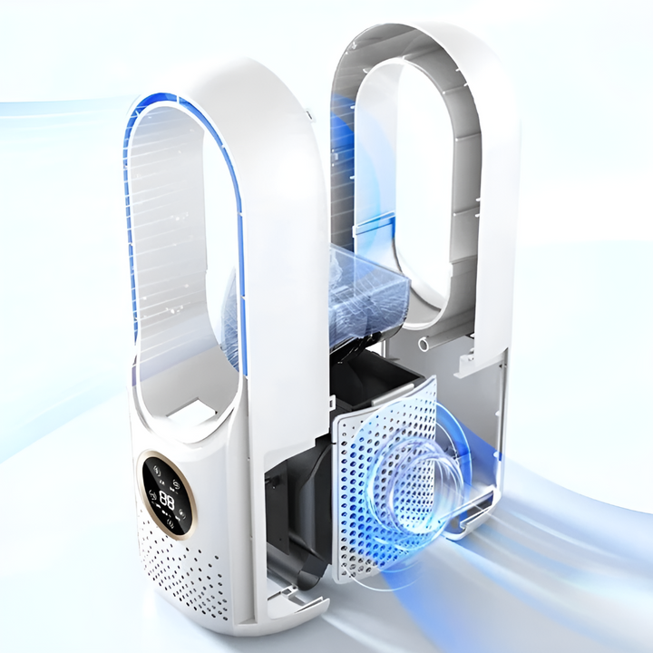 Portable bladeless air cooler providing quiet personal comfort. Ideal compact fan for home and office cooling.