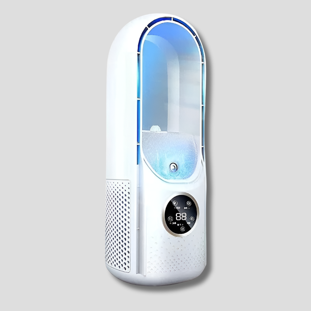 Modern portable bladeless air cooler fan. Enjoy quiet personal comfort at your desk, home, or office.