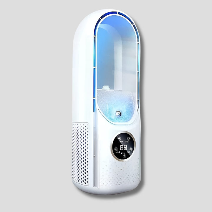 Modern portable bladeless air cooler fan. Enjoy quiet personal comfort at your desk, home, or office.