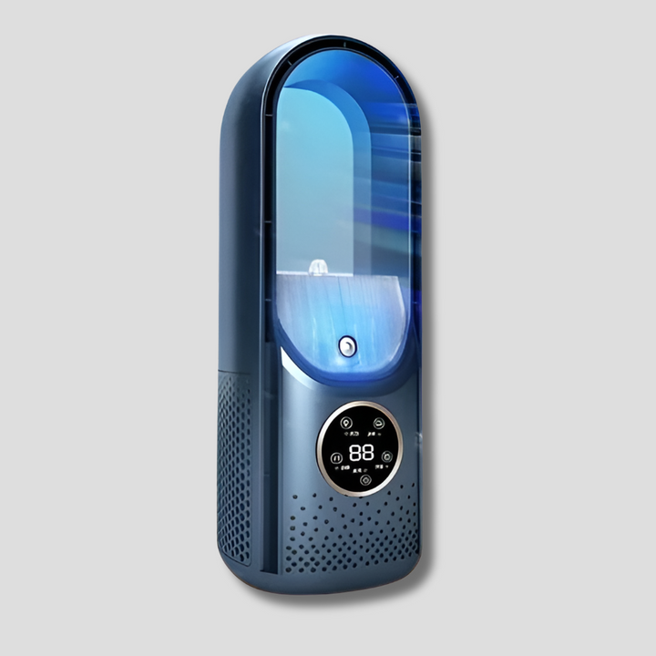 Compact portable bladeless fan, a personal air cooler for quiet and efficient home or office cooling.