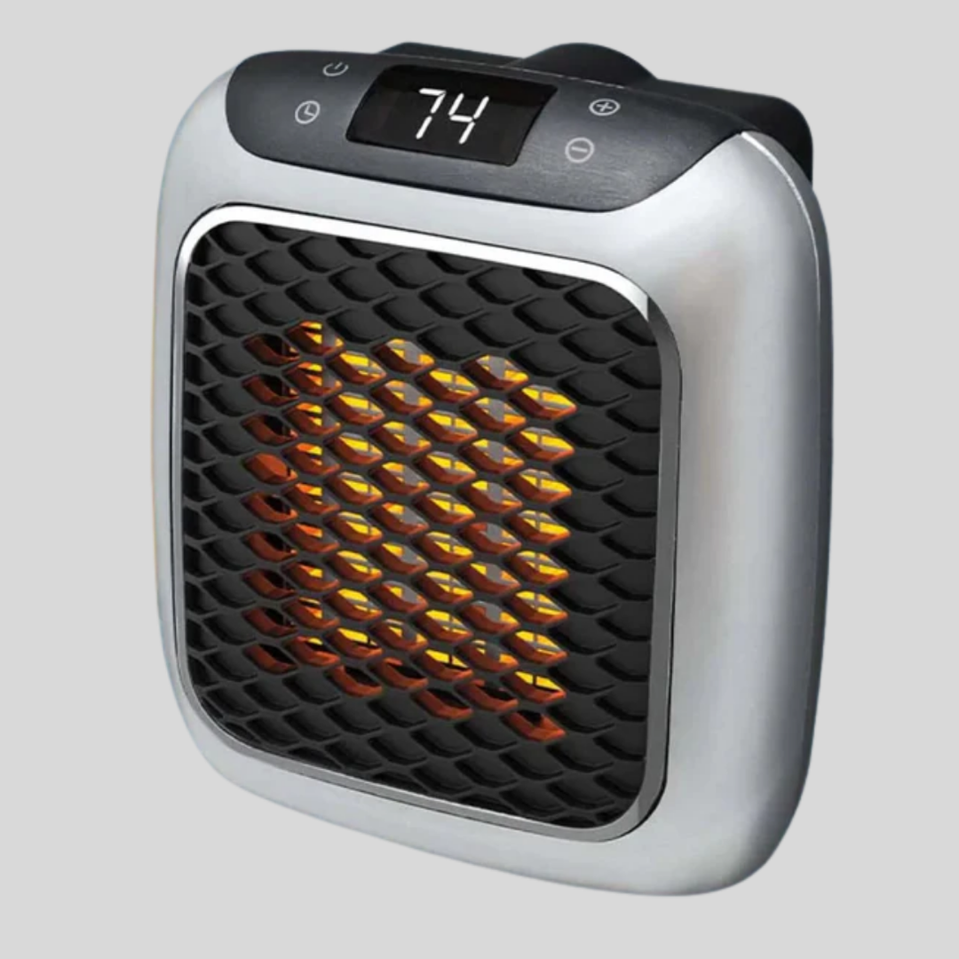 Compact portable ceramic heater for instant personal warmth in home or office, efficient electric space heater.