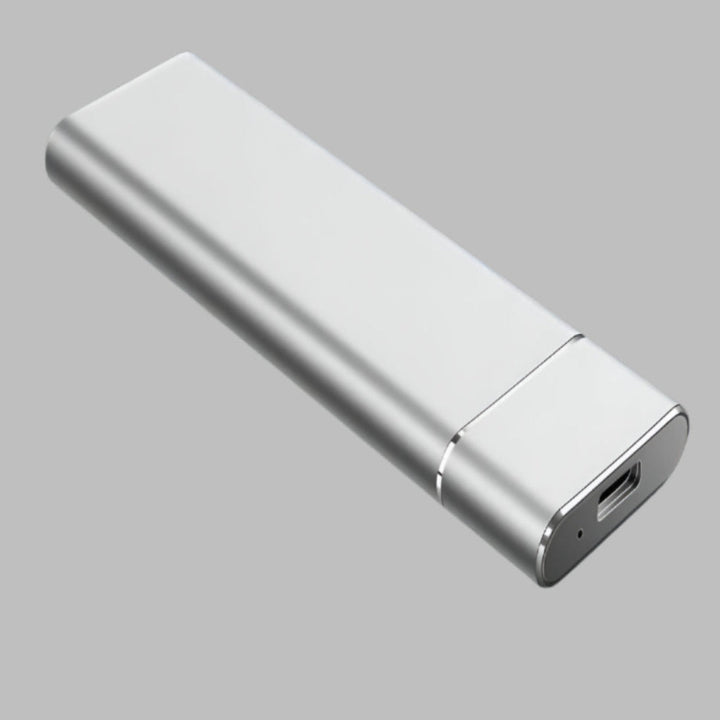 Compact portable external SSD drive for fast data storage & backup, shown with USB 3.0 connection.