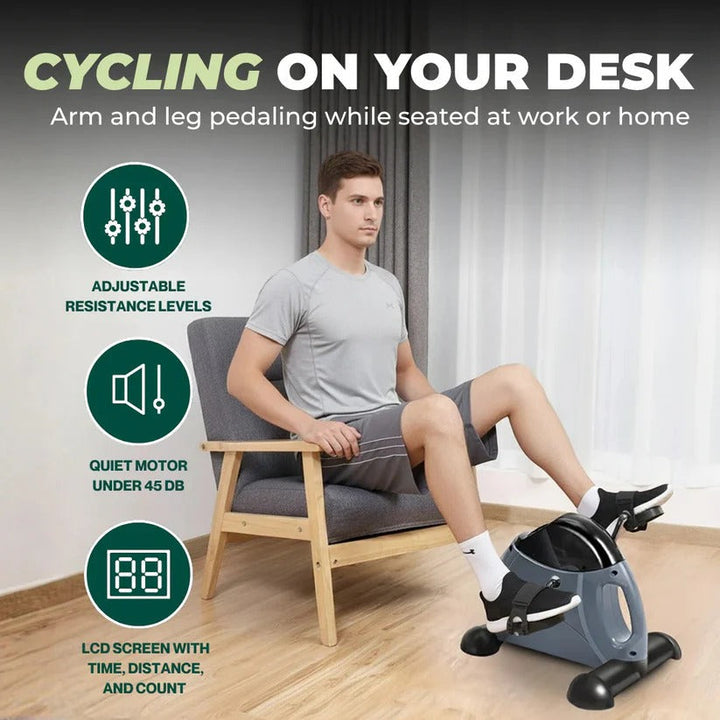 Quiet under-desk pedal exerciser for office & home. Compact design with adjustable resistance for leg & arm workouts.