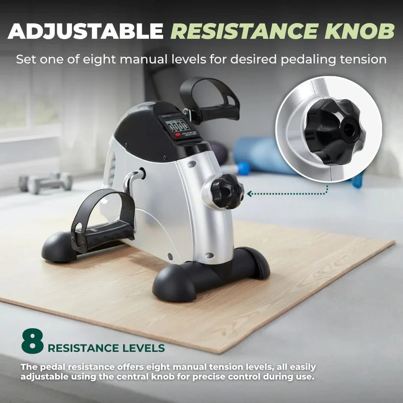 Adjustable resistance under-desk leg & arm exerciser. Compact, portable mini bike for convenient, quiet fitness.