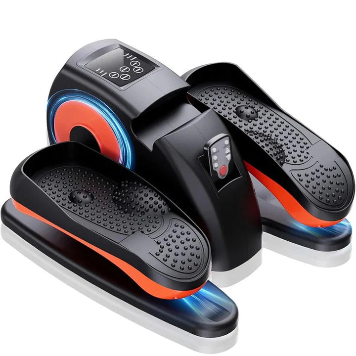 Compact under desk pedal exerciser with LCD screen & remote for home office fitness & physical therapy.