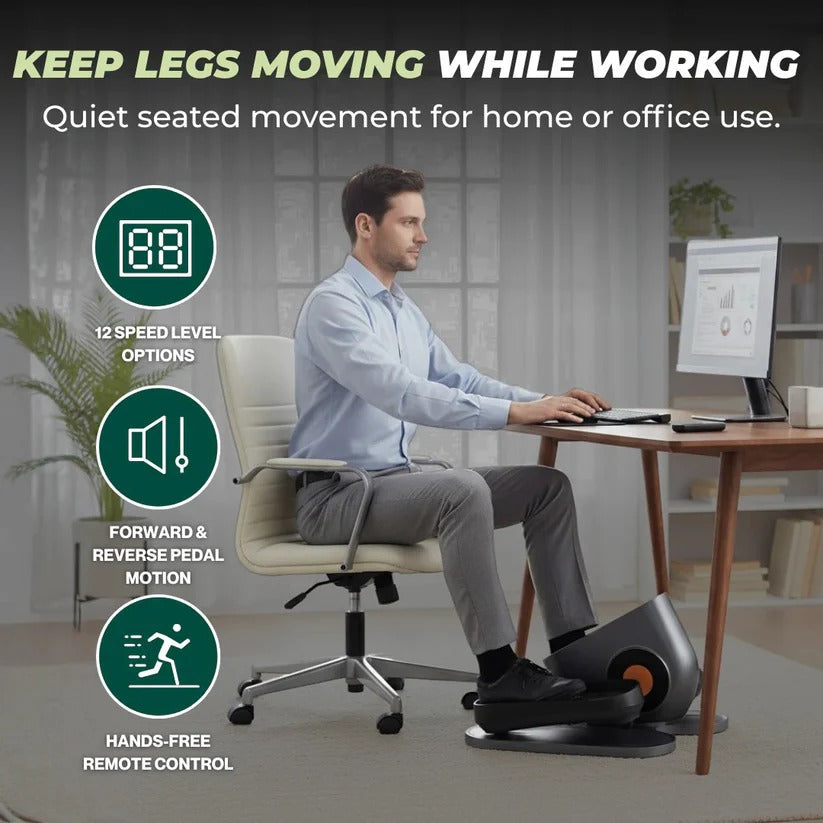 Sleek under desk pedal exerciser. Features include easy-to-read LCD display & convenient remote control.