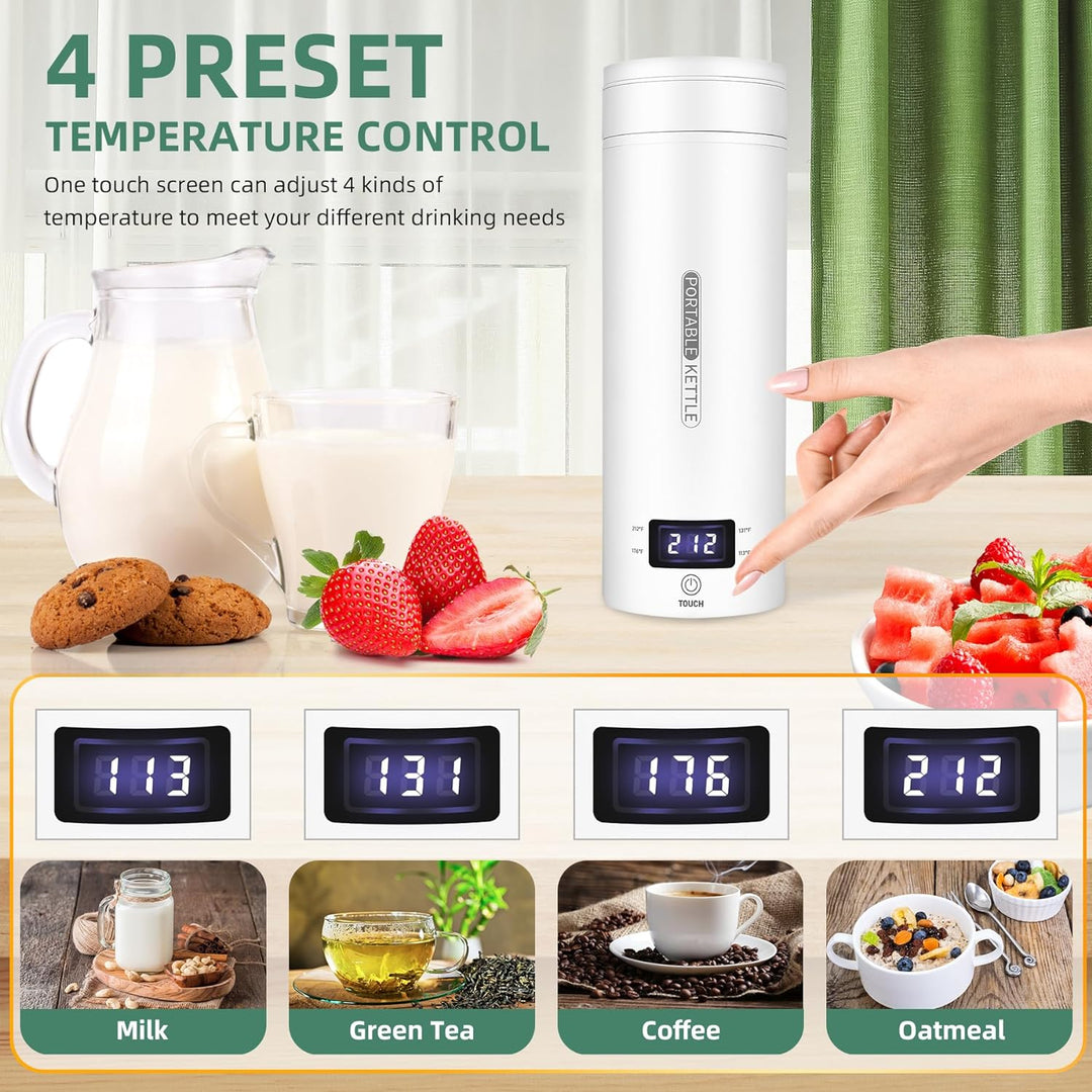 "Compact white electric travel kettle with LCD screen, auto shut-off, portable design, and double-walled insulation."