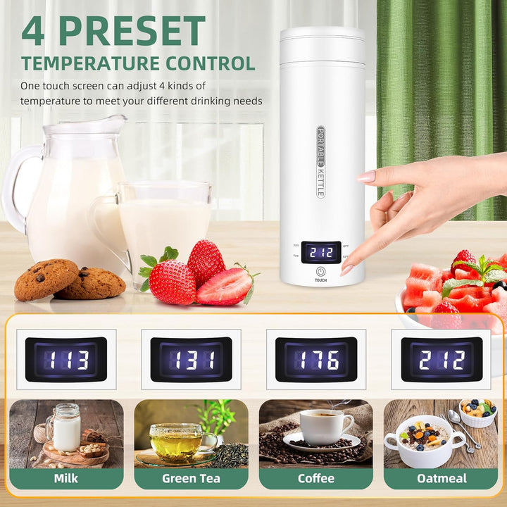 "Compact white electric travel kettle with LCD screen, auto shut-off, portable design, and double-walled insulation."