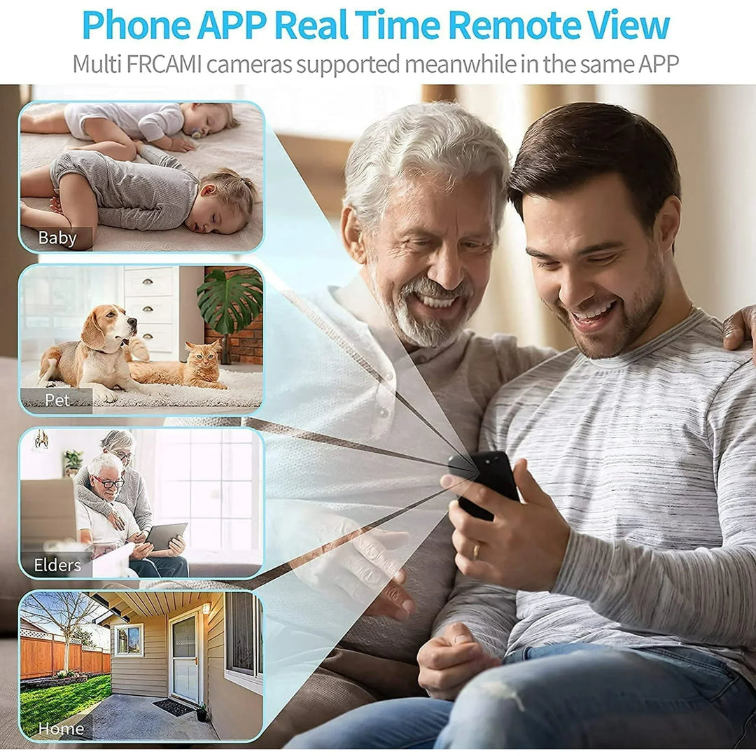 Wireless security camera with live HD audio/video feed, motion detection, and remote monitoring via app.