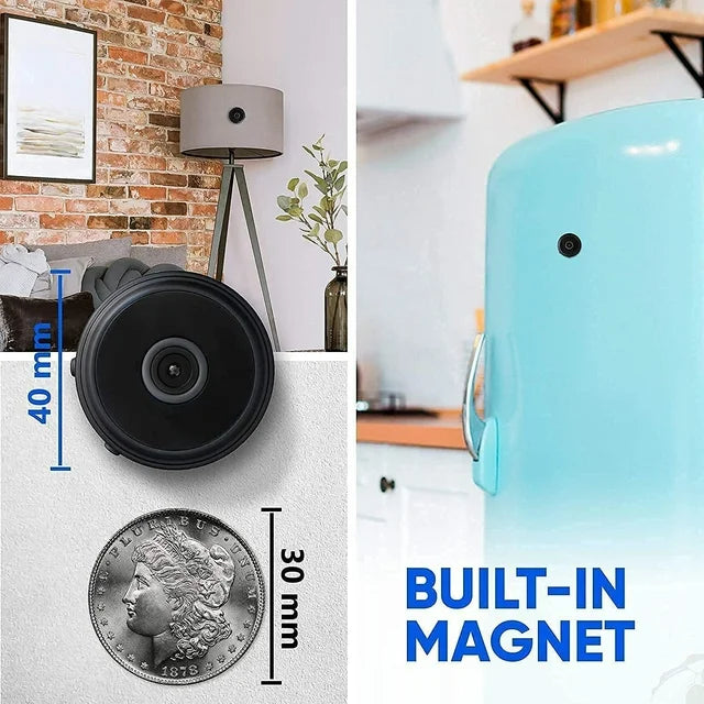 Compact wireless magnetic security camera with live audio/video, night vision, motion detection, & app control.