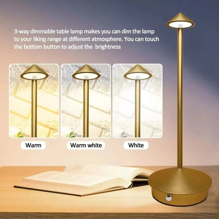 Sleek cordless LED desk lamp, dimmable with touch control, optimizes lighting for a productive home office.